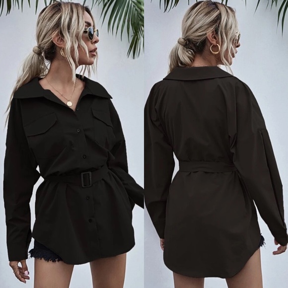 Button Detail Belted Long Sleeve Shirt- BRICK - Picture 9 of 10